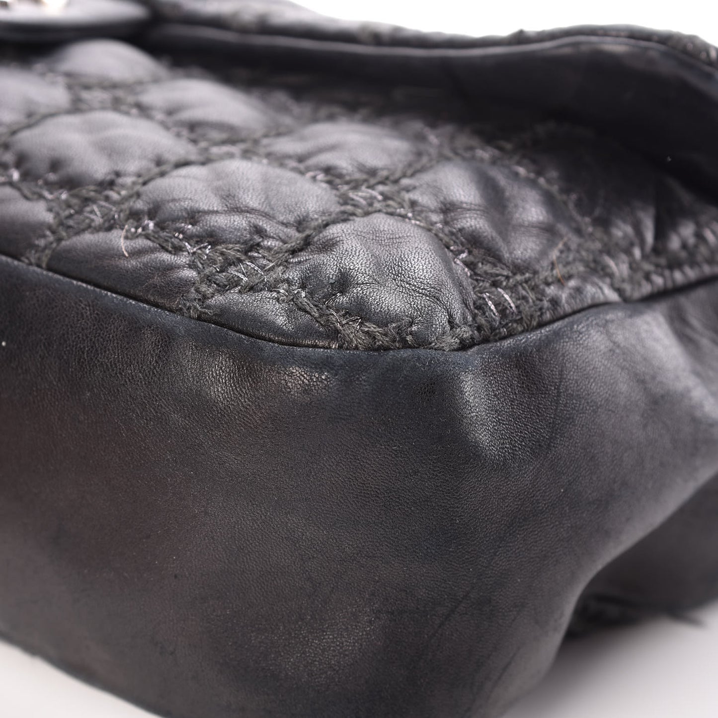 Lambskin Tweed Double Stitch Flap Black