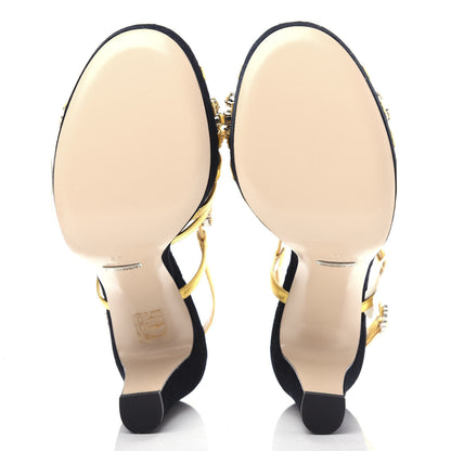 Gucci Velvet Nappa Crystal Zephyra Slingback Platform High Heel Sandals 39 Black Gold 6 of 10