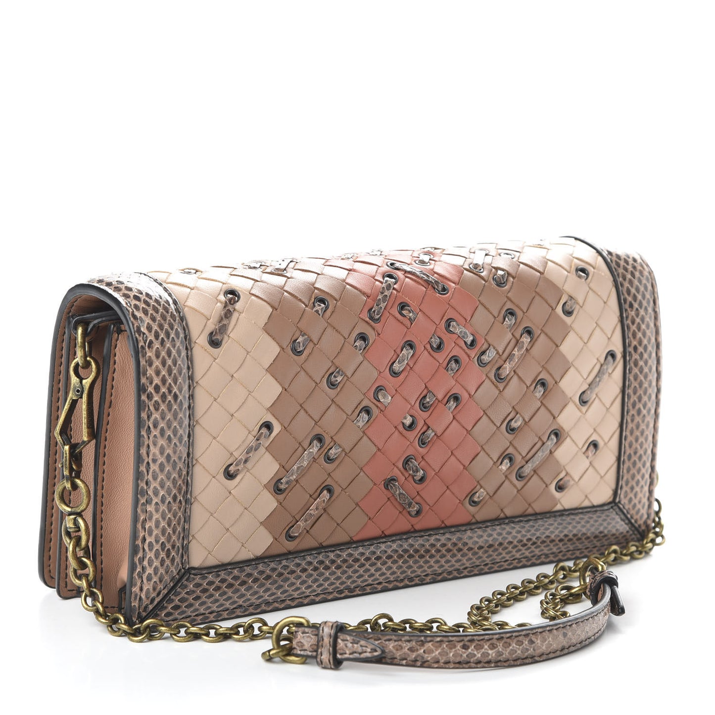 Nappa Ayers Intrecciato Club Stitch Knot Clutch Corallo Cream Mink