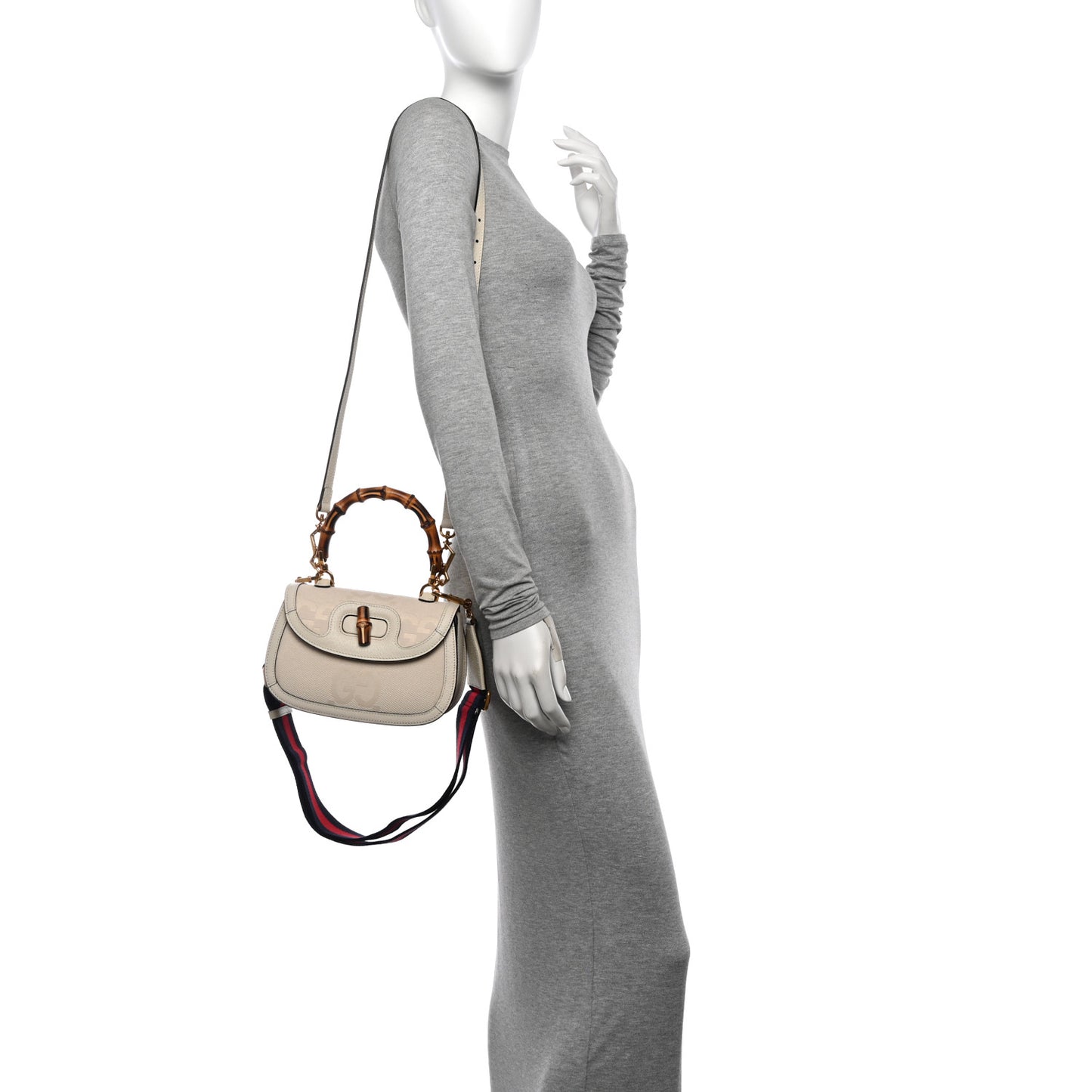 Monogram Jumbo GG Textured Dollar Calfskin Web Small Bamboo 1947 Top Handle Bag Off White