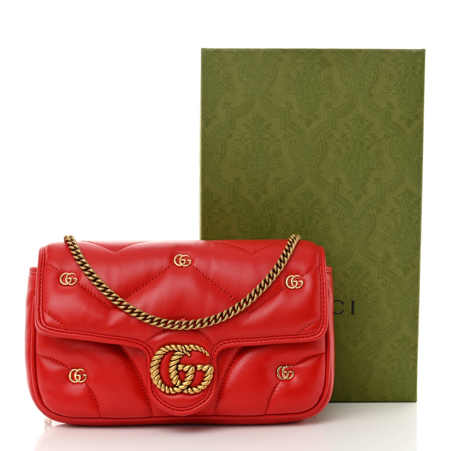 Gucci Calfskin Matelasse Double G Studs Mini Torchon GG Marmont Shoulder Bag Hibiscus Red 12 of 12