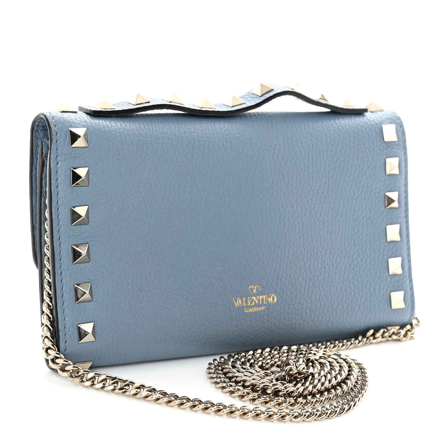Valentino Garavani Pebbled Calfskin Rockstud Flip Lock Wallet On Chain Niagara 3 of 9