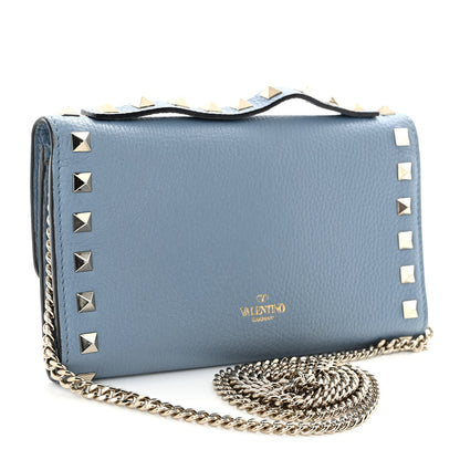 Valentino Garavani Pebbled Calfskin Rockstud Flip Lock Wallet On Chain Niagara 3 of 9