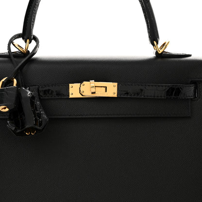 Hermes Madame Calfskin Shiny Niloticus Crocodile Kelly Sellier Touch 25 Black 7 of 11