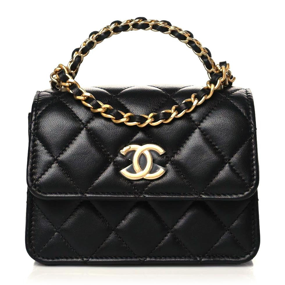 Lambskin Quilted Chain Top Handle Clutch With Chain Black