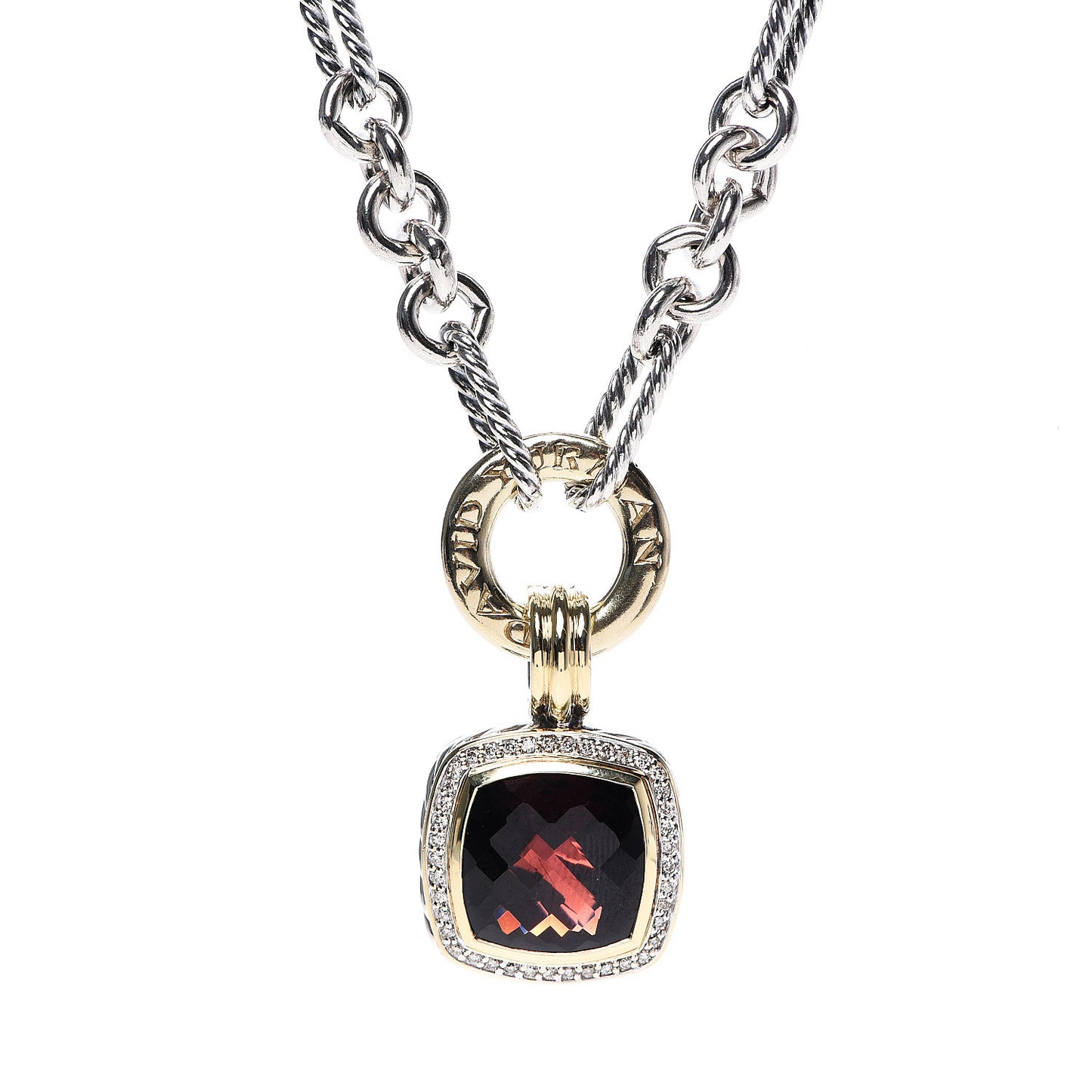 Sterling Silver 18K Yellow Gold Diamond Garnet 14mm Albion Figaro Chain Pendant Necklace