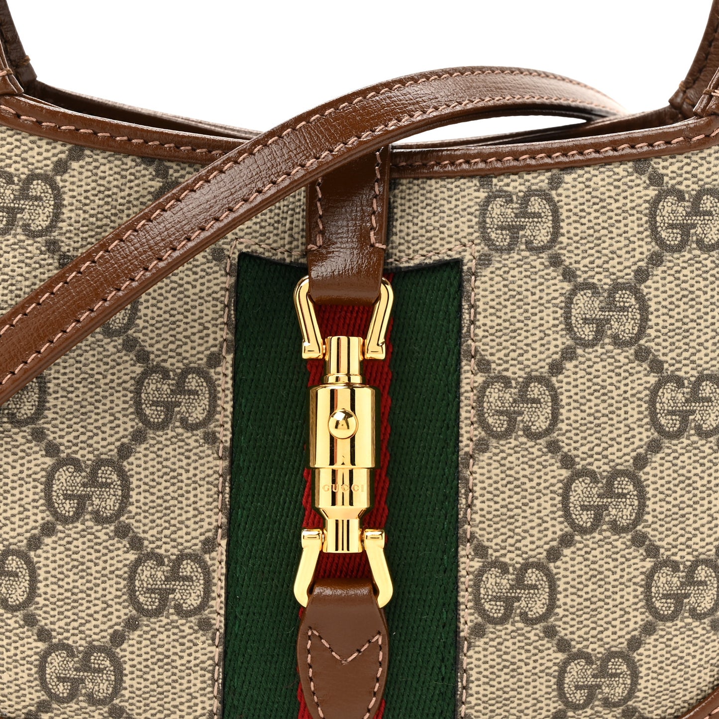 GG Supreme Monogram Azalea Calfskin Web Mini Jackie 1961 Hobo Beige Ebony Brown Sugar
