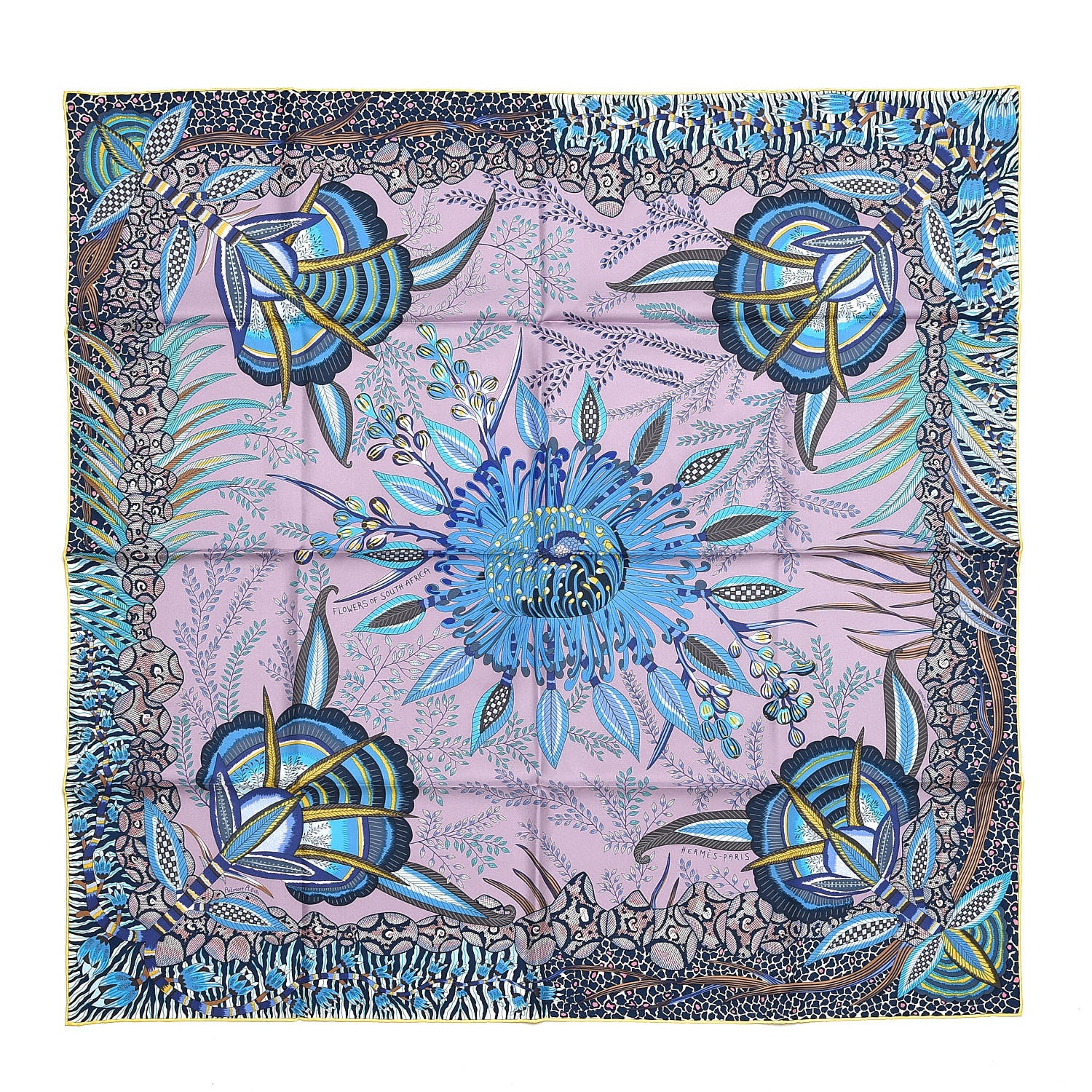 Hermes Silk Flowers of South Africa Scarf 90 Parme Turquoise Jaune 1 of 3