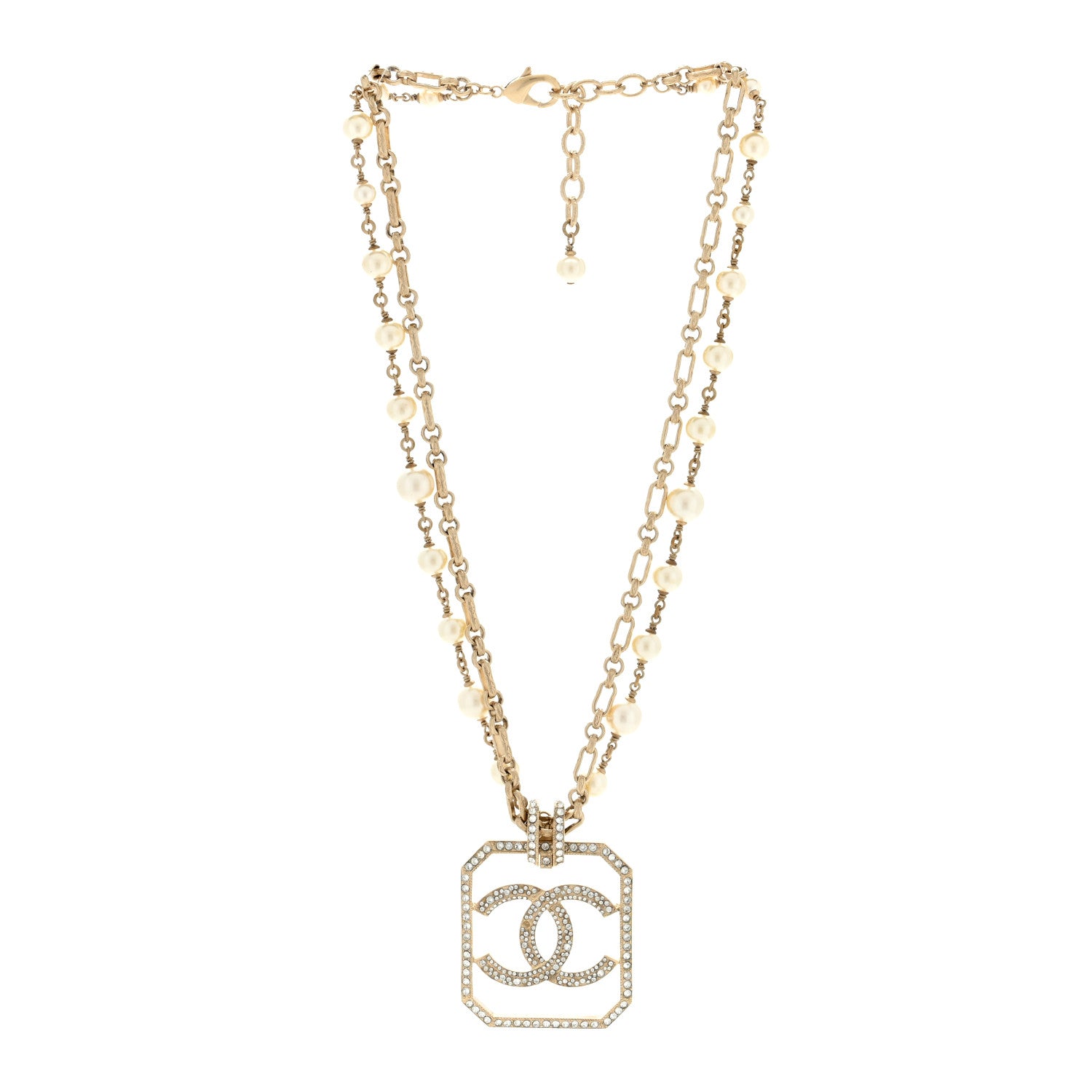 Chanel Pearl Crystal CC Double Strand Necklace Gold 3 of 4