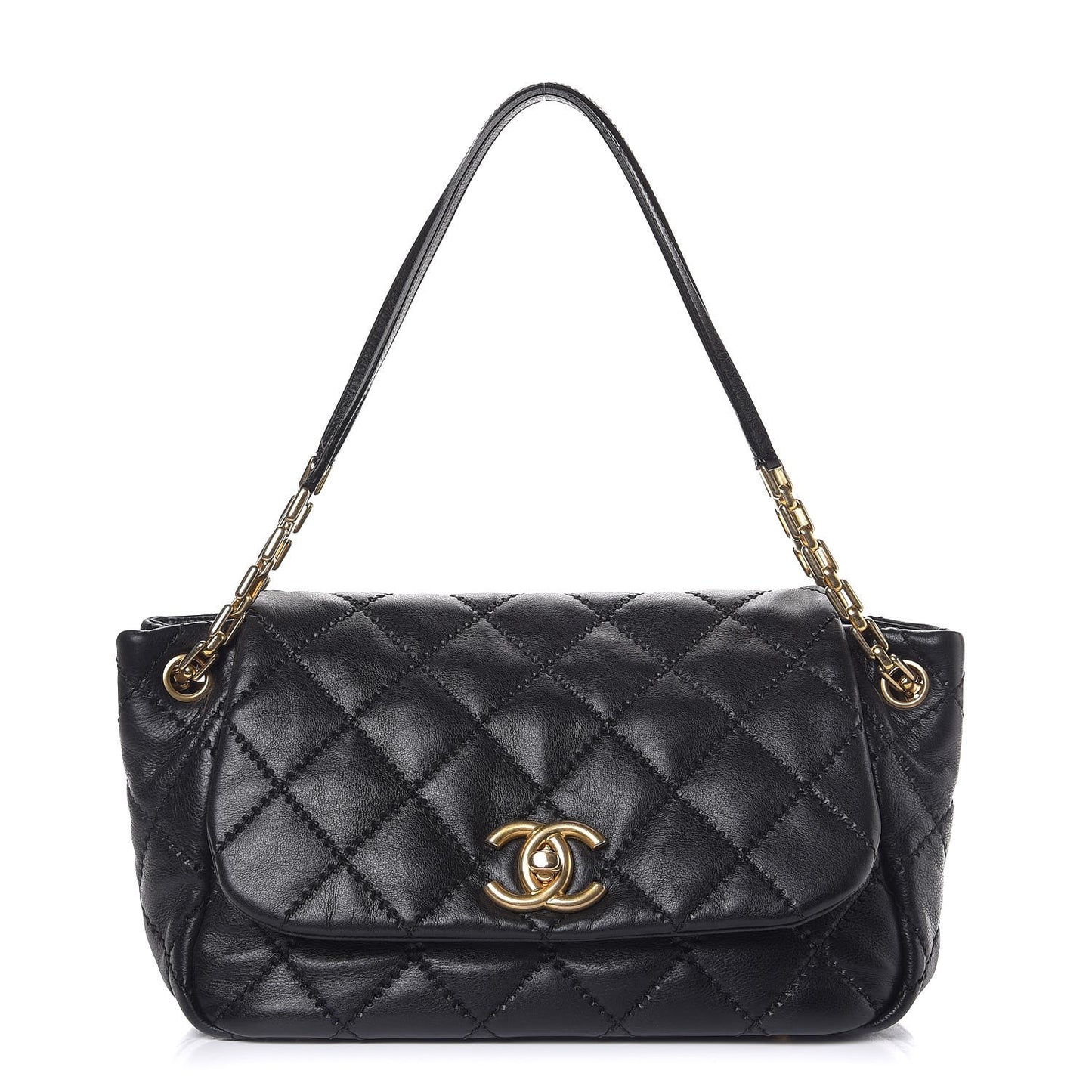 Calfskin Quilted Retro Chain Flap Black