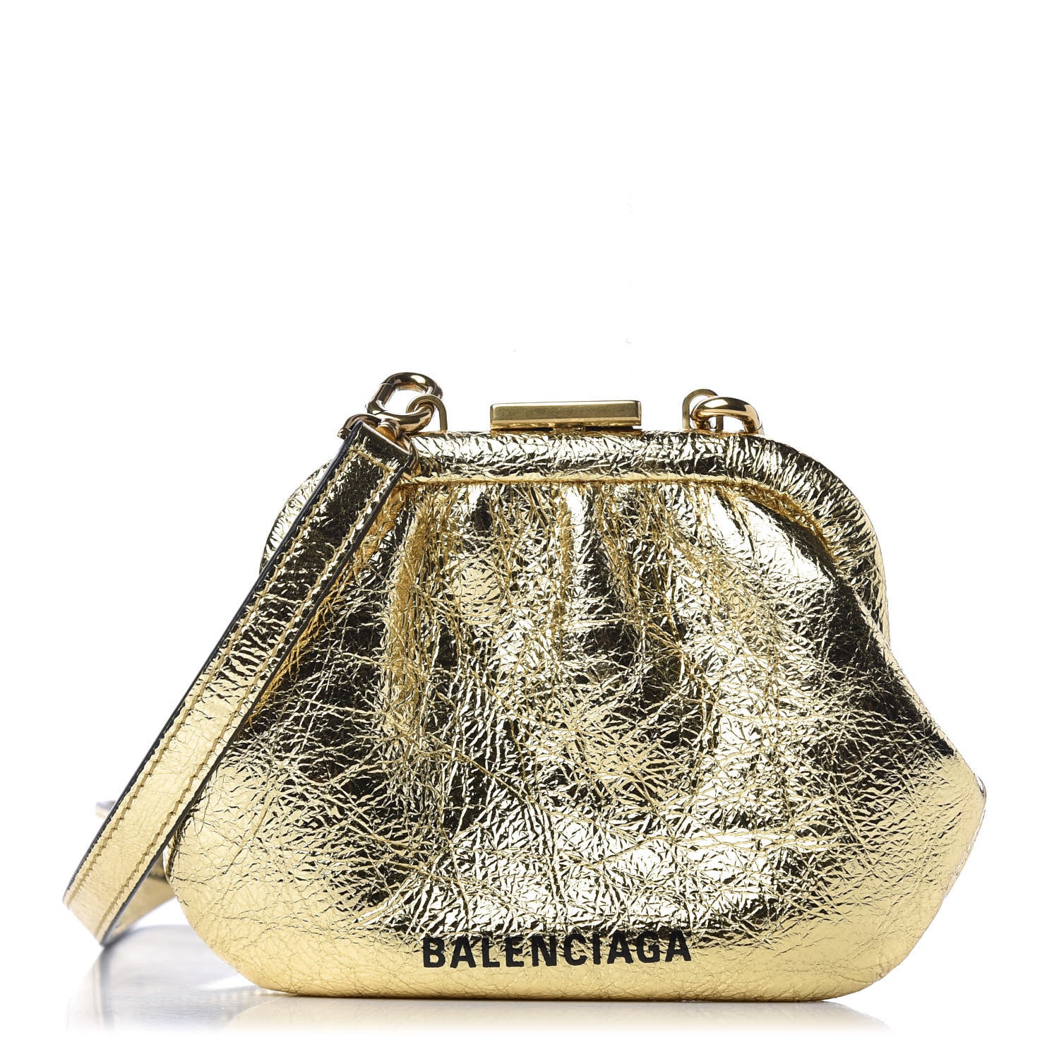 Balenciaga Metallic Textured Calfskin Logo Cloud Coin Purse With Strap Gold 1 of 14