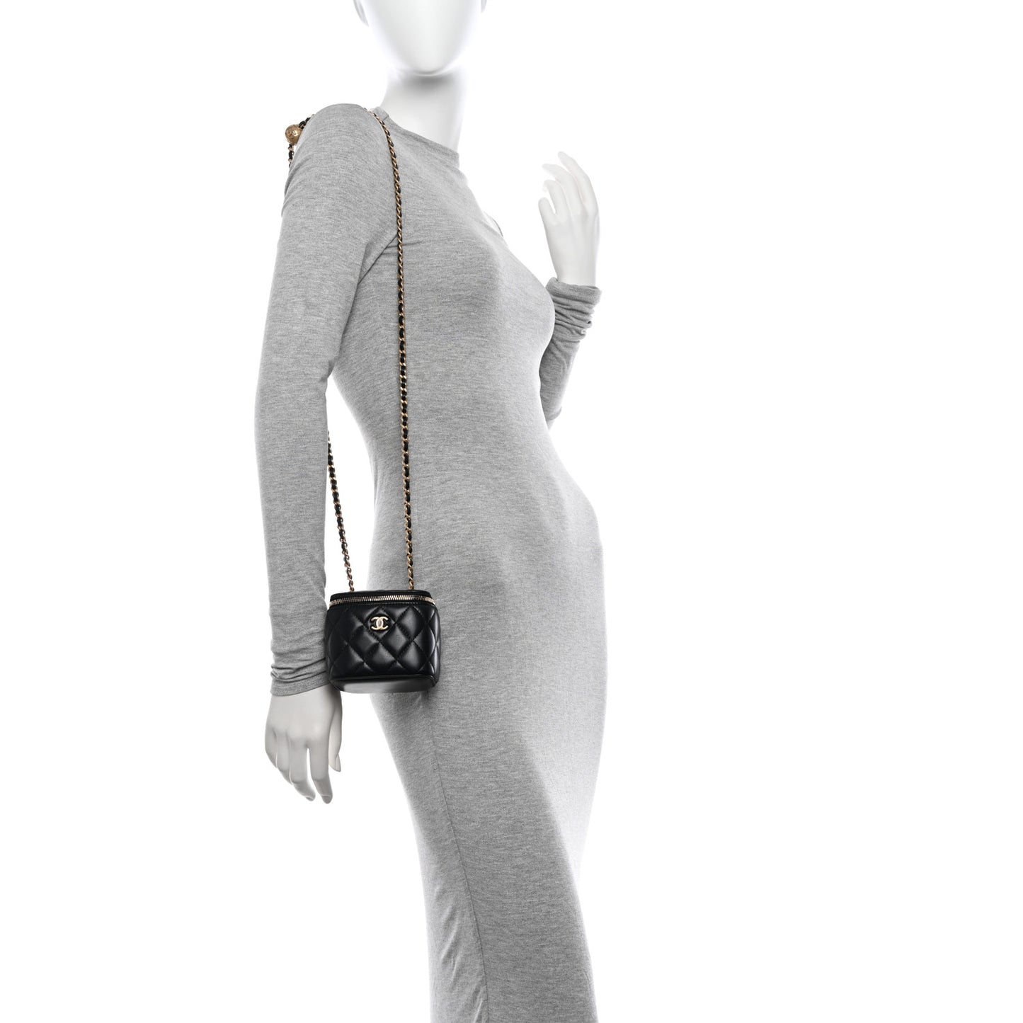 Lambskin Quilted Mini Pearl Crush Vanity Case With Chain Black