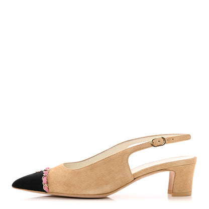 Chanel Suede Grosgrain Cap Toe CC Chain Slingback Pumps 37.5 Beige Black Pink 1 of 14