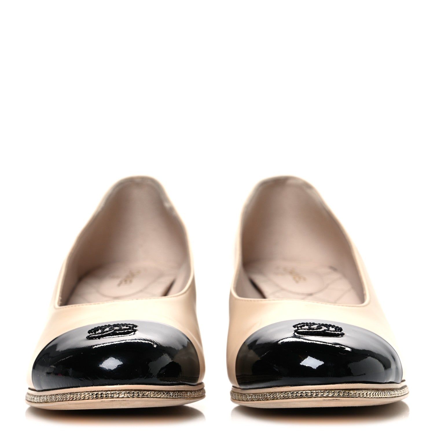 Chanel Calfskin Patent Cap Toe CC Pumps 39.5 Light Beige Black 3 of 12