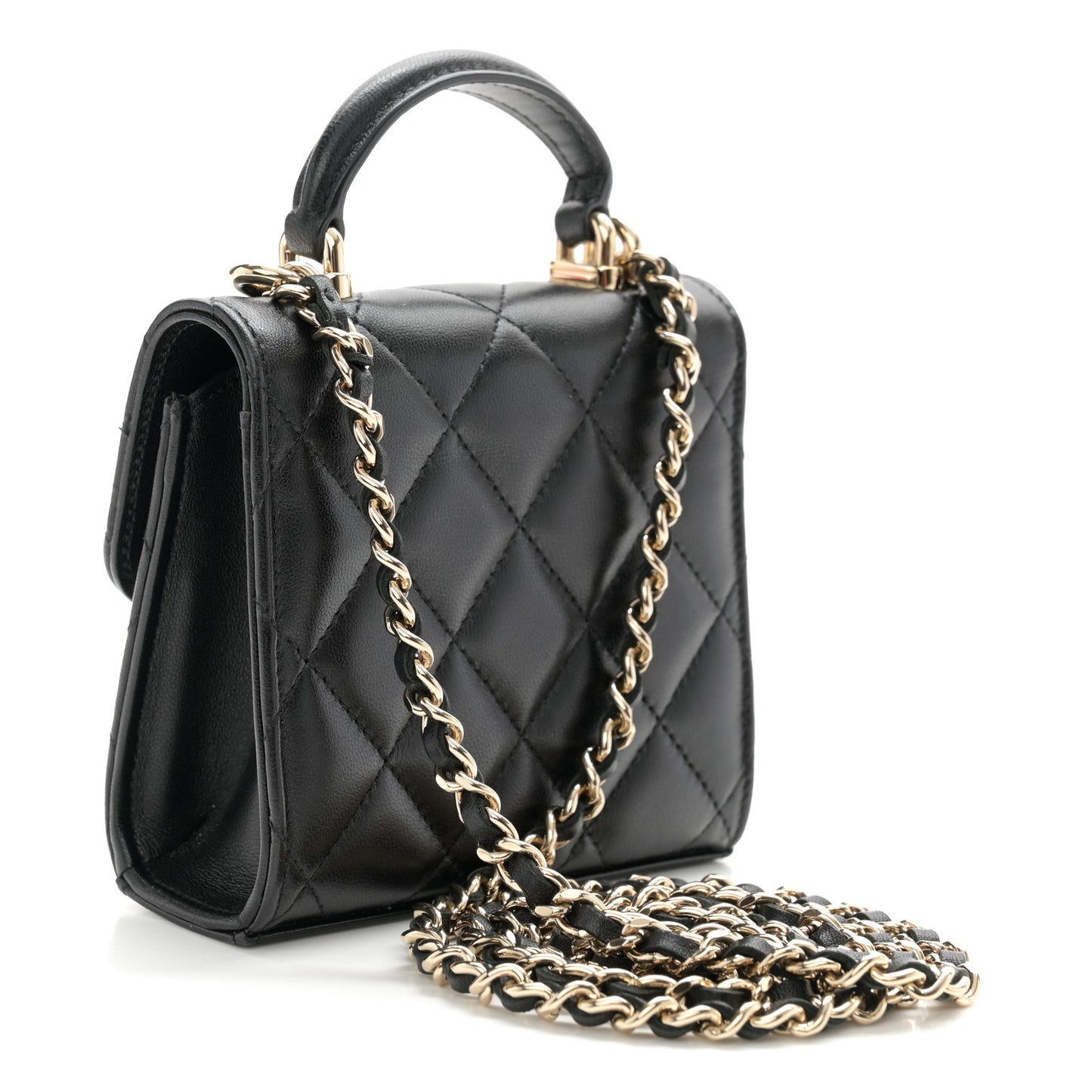 Lambskin Quilted Top Handle Flap Clutch With Chain Black