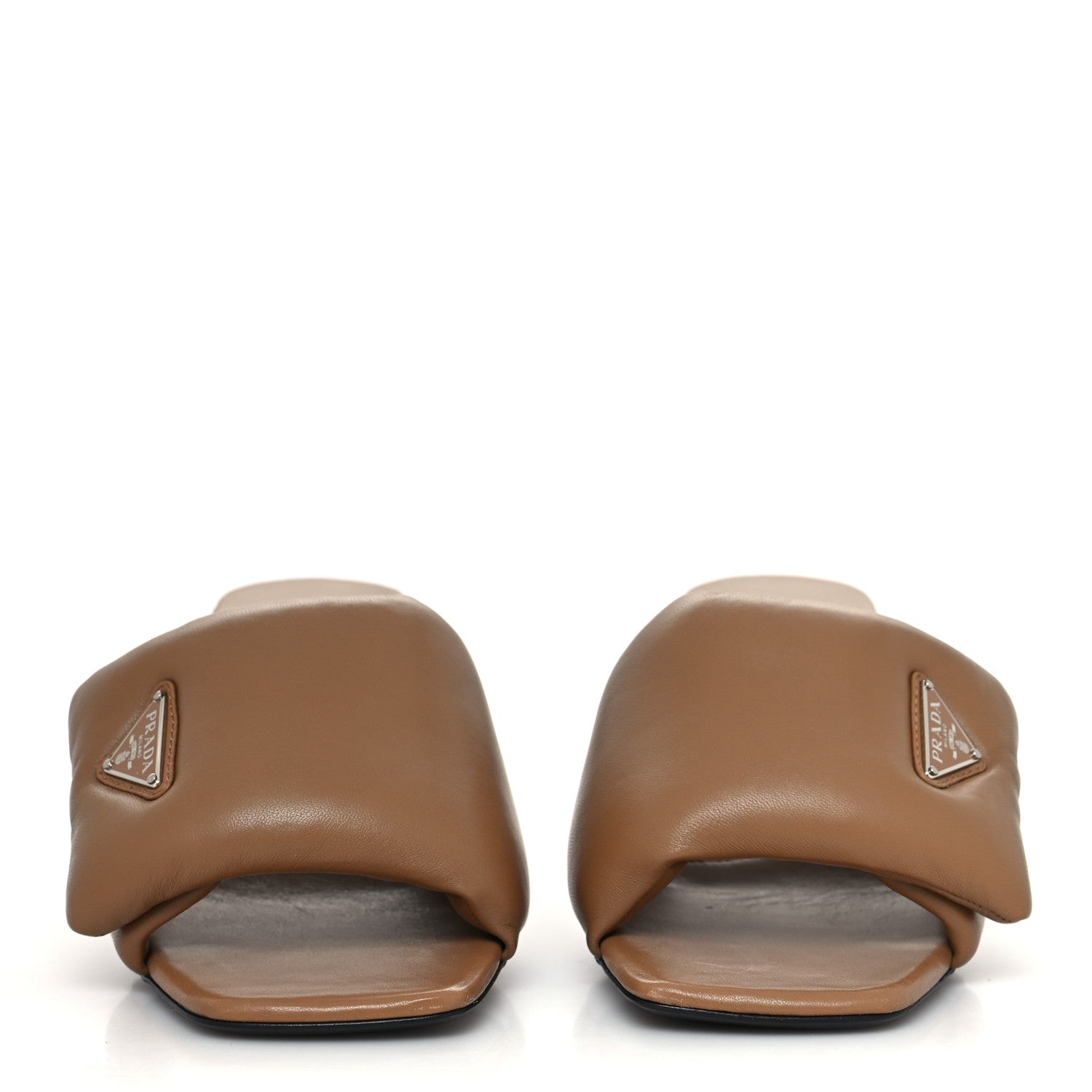 Prada Nappa Soft Padded Metal Triangle Logo 65mm Slide Sandals 41 Caramel 2 of 8