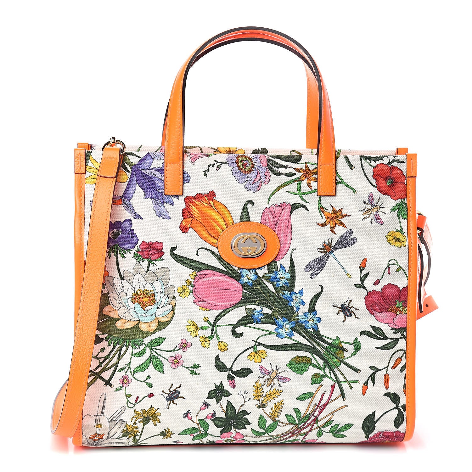 Gucci Canvas Medium Flora Tote White Multicolor Orange Fluo 1 of 9