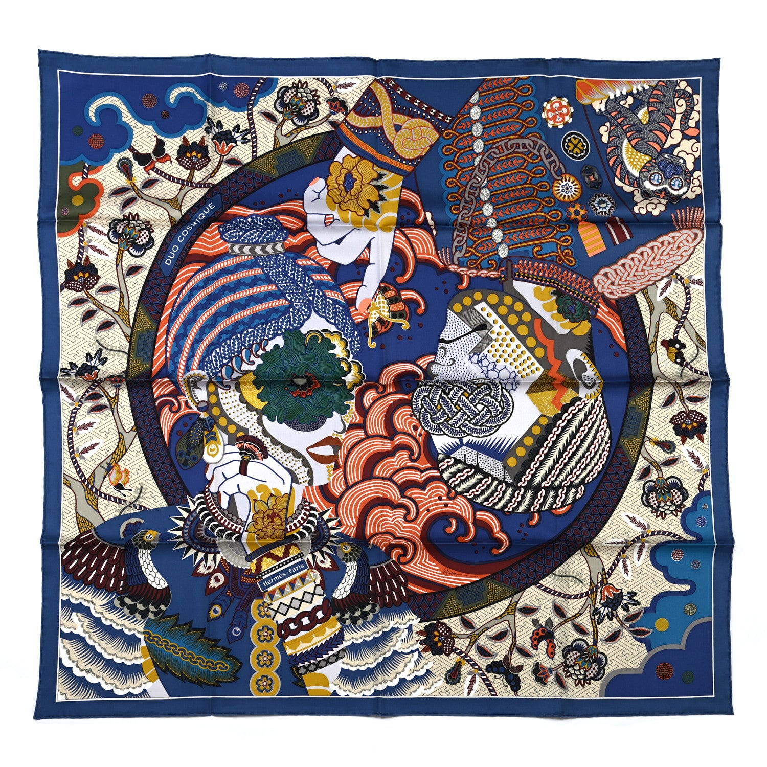 Hermes Silk Twill Duo Cosmique Scarf 90 Bleu Moyen Vert Ocre 1 of 5