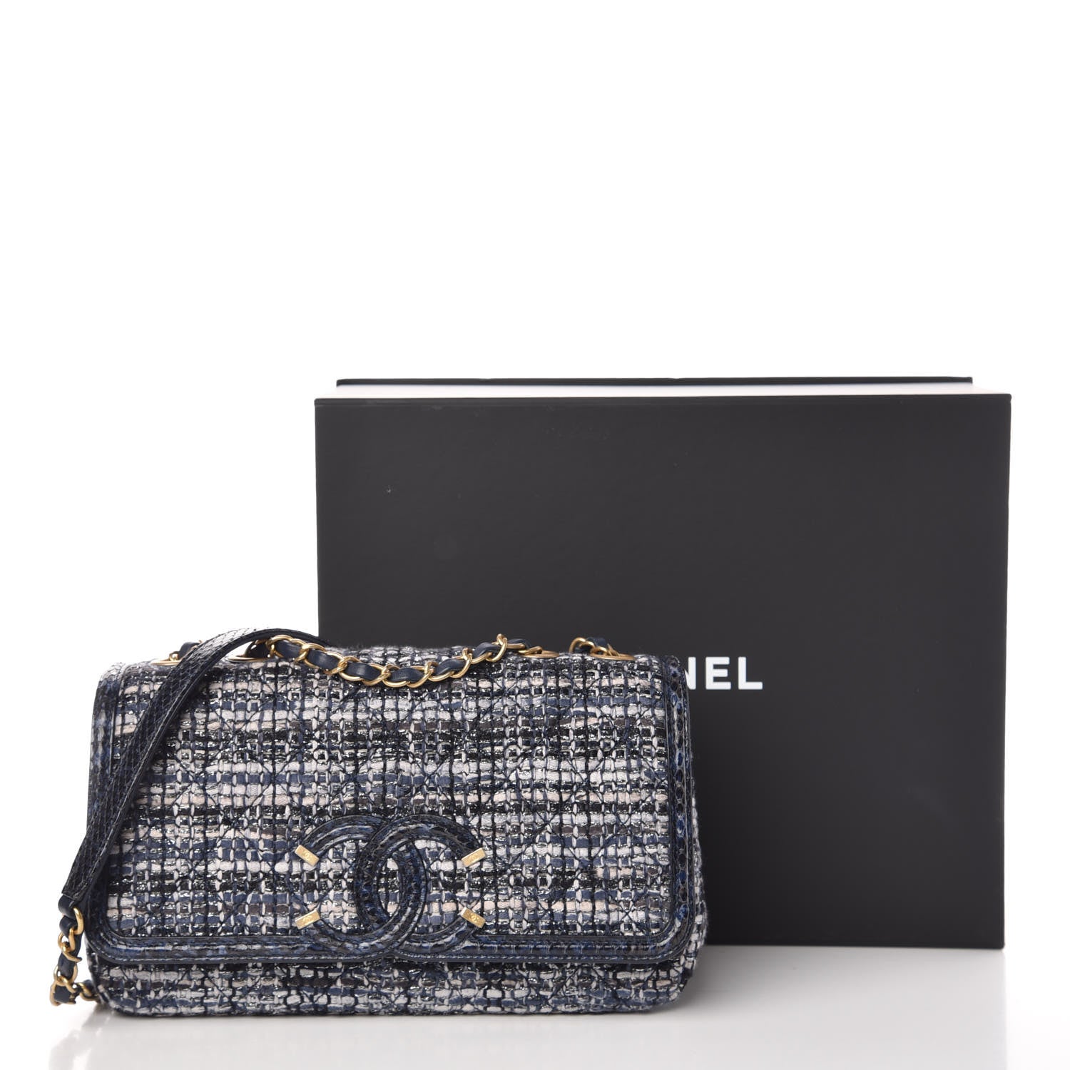 Chanel Tweed Watersnake Quilted Medium CC Filigree Flap Blue Black Ecru Silver 10 of 10