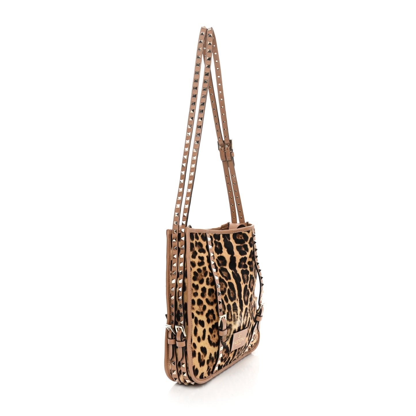 Calf Hair Leopard Print Rockstud Shopper Tote Tan