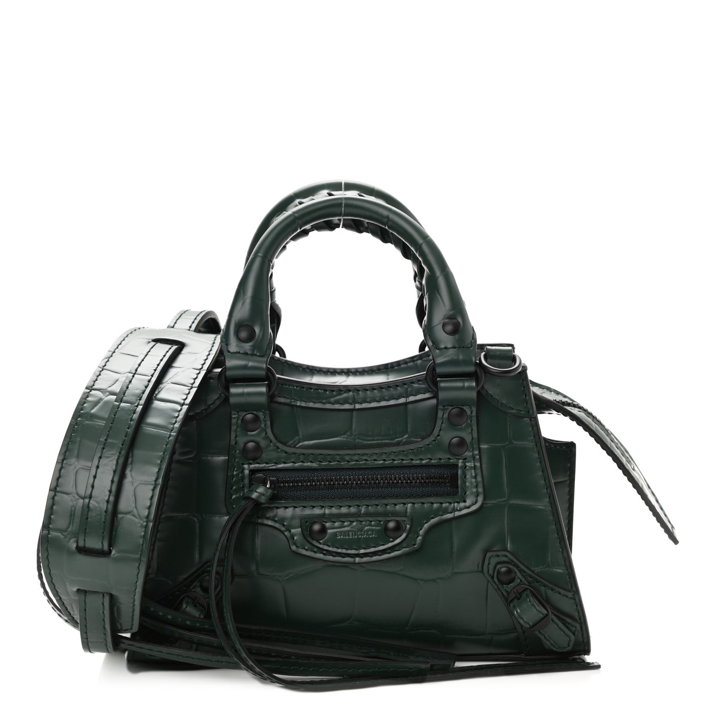 Semi Shiny Calfskin Crocodile Embossed Neo Classic Black Hardware Nano City Crossbody Forest Green