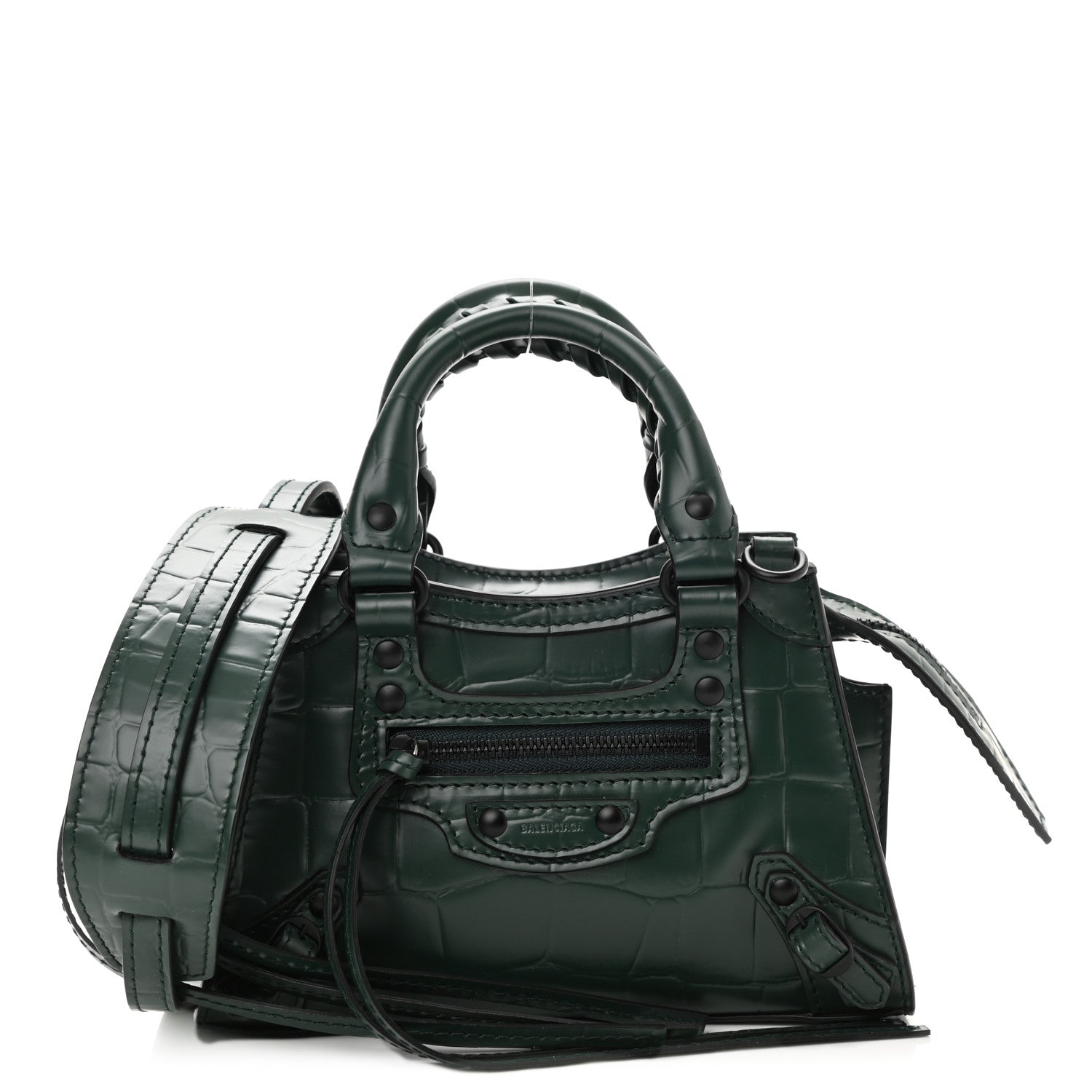 Balenciaga Semi Shiny Calfskin Crocodile Embossed Neo Classic Black Hardware Nano City Crossbody Forest Green 1 of 8
