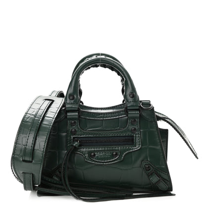 Balenciaga Semi Shiny Calfskin Crocodile Embossed Neo Classic Black Hardware Nano City Crossbody Forest Green 1 of 8