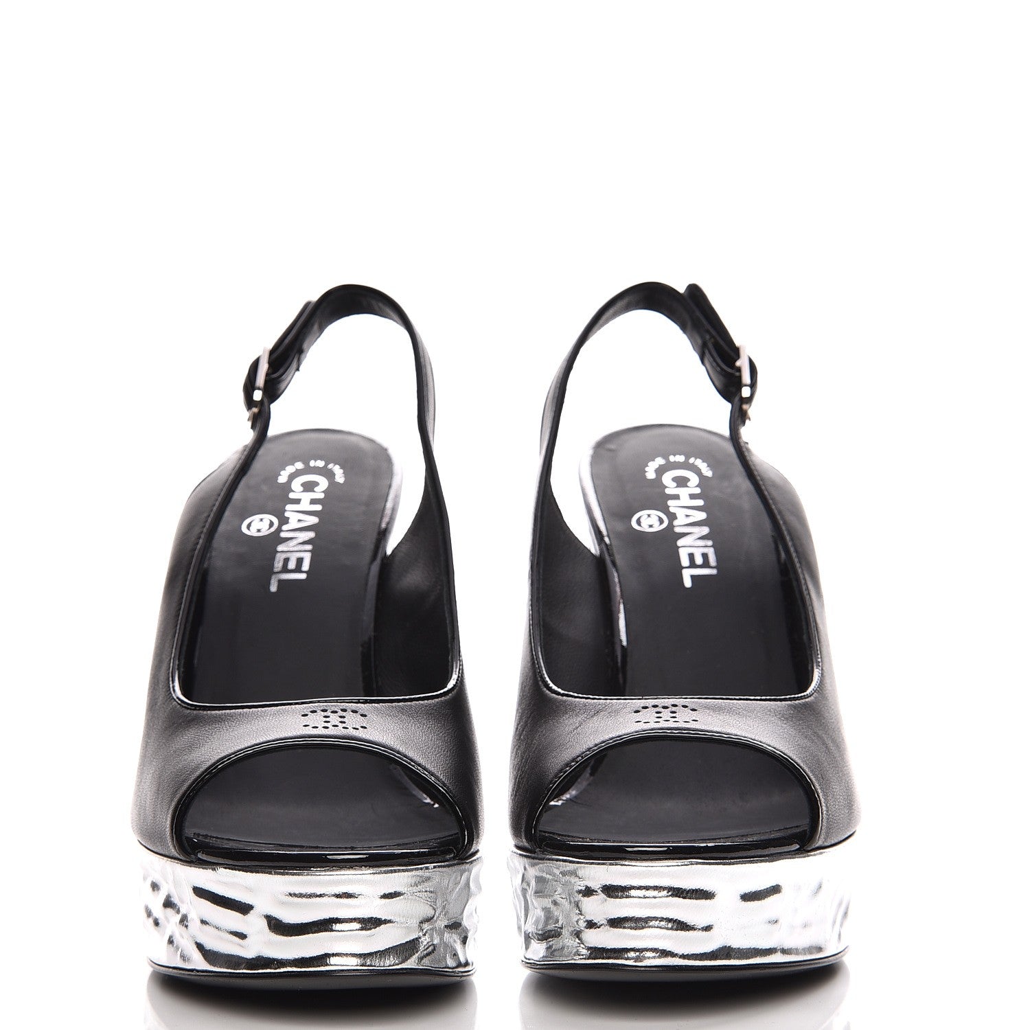 Chanel Lambskin Metallic Wedge Open Toe Pumps 40.5 Black 4 of 11