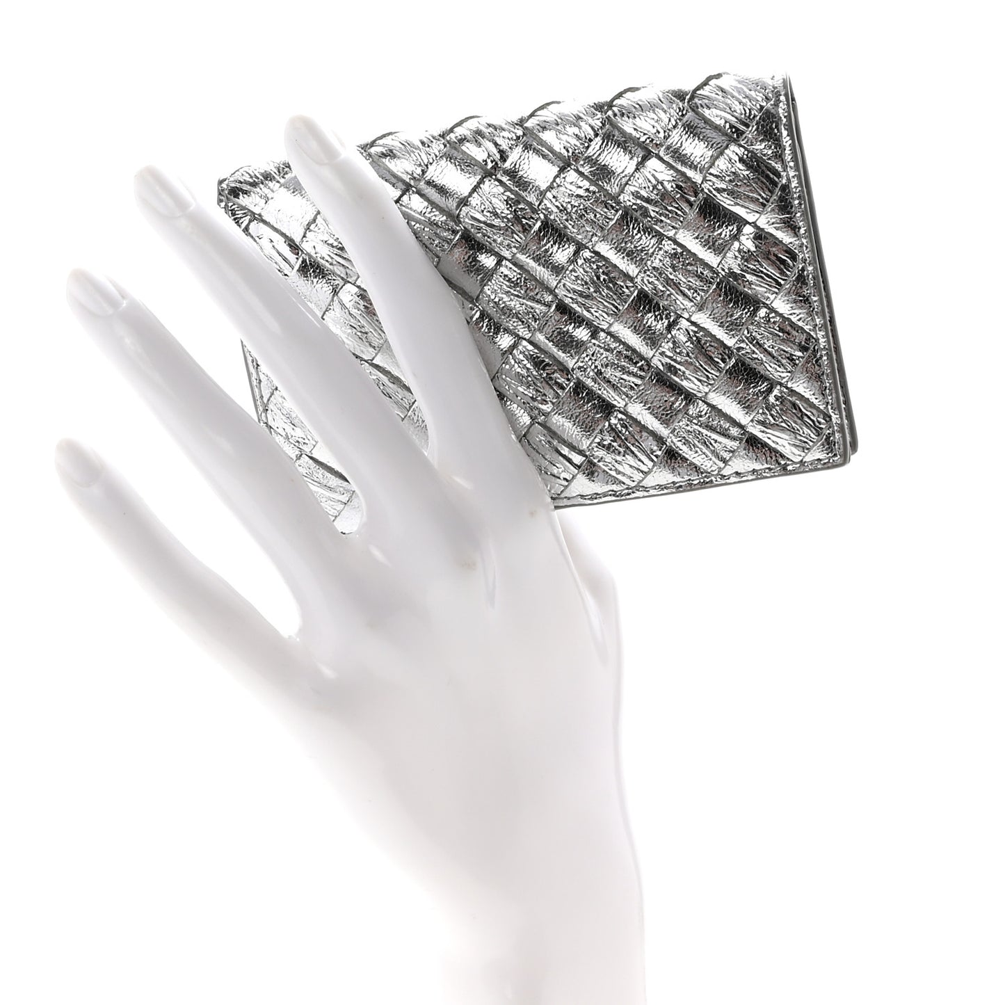 Metallic Calfskin Intreccio Plisse Card Case Silver
