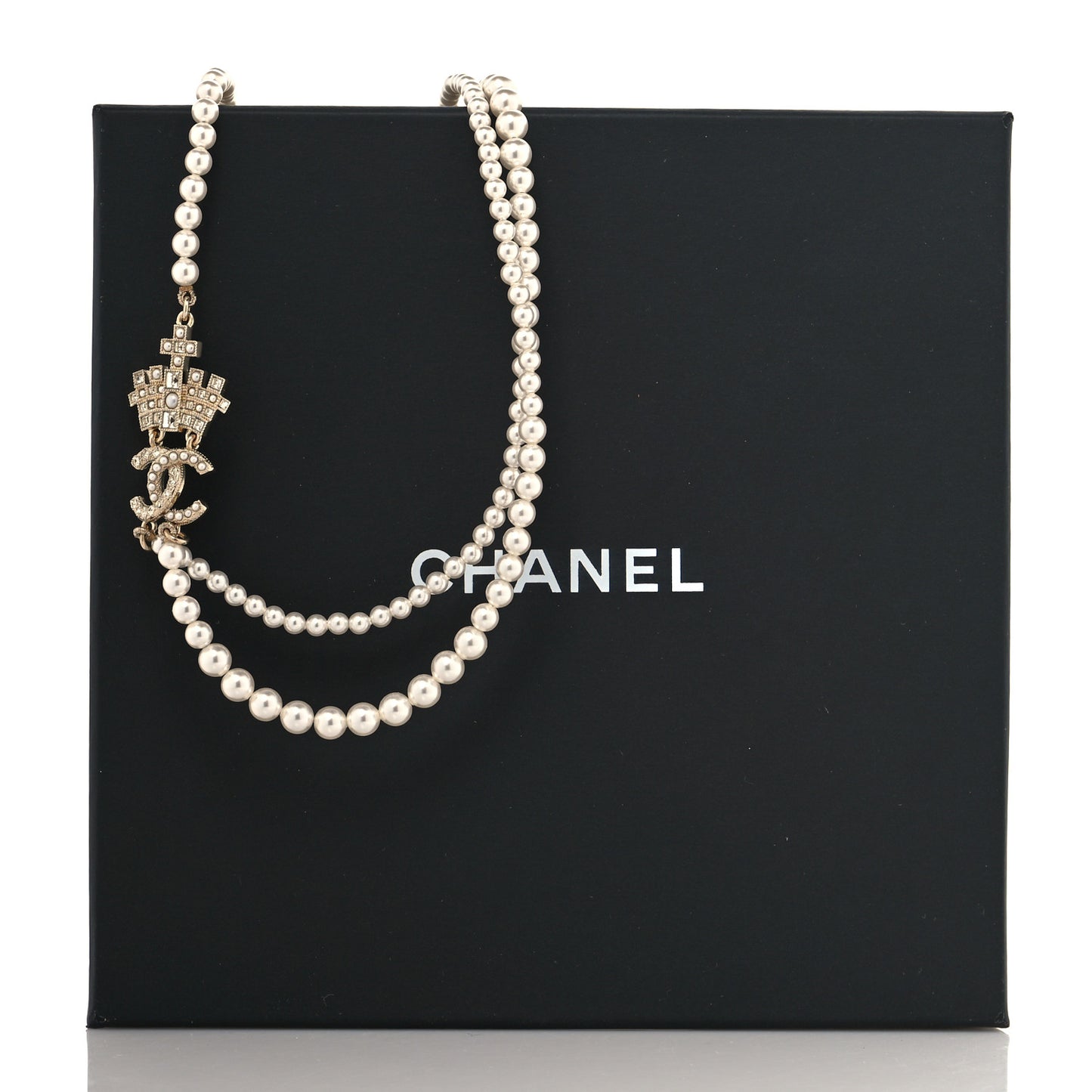 Pearl Crystal CC Crown Multi Strand Necklace Gold
