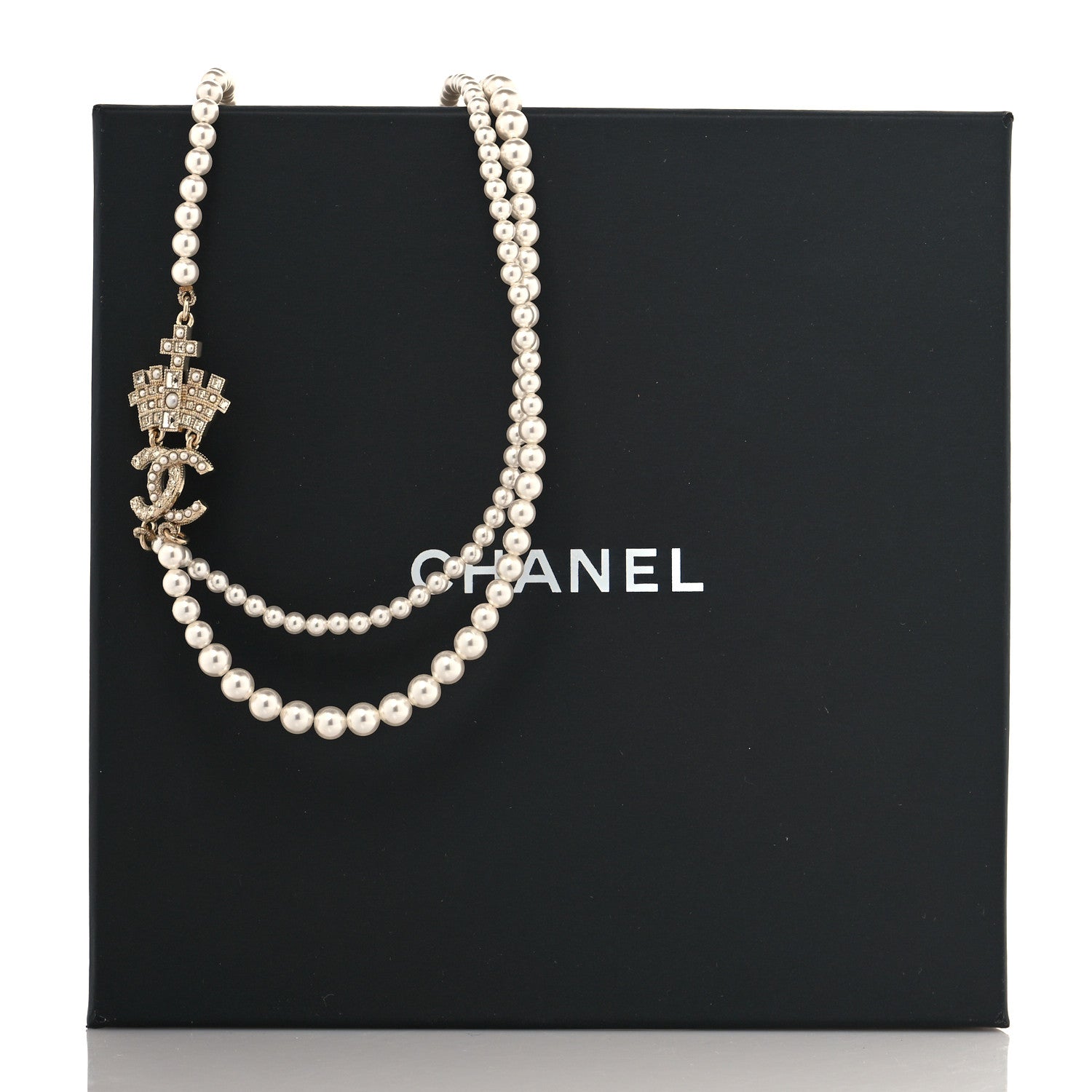 Chanel Pearl Crystal CC Crown Multi Strand Necklace Gold 6 of 6