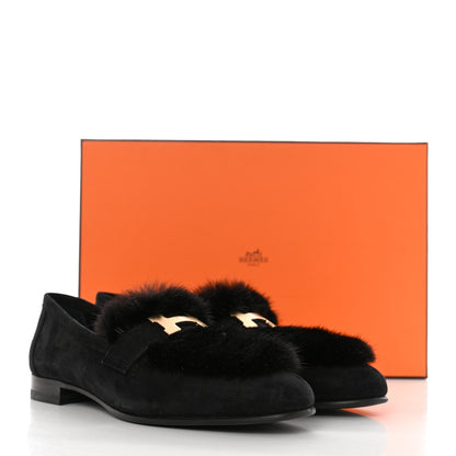 Hermes Mink Fur Suede Goatskin Paris Loafers 36.5 Black 9 of 9