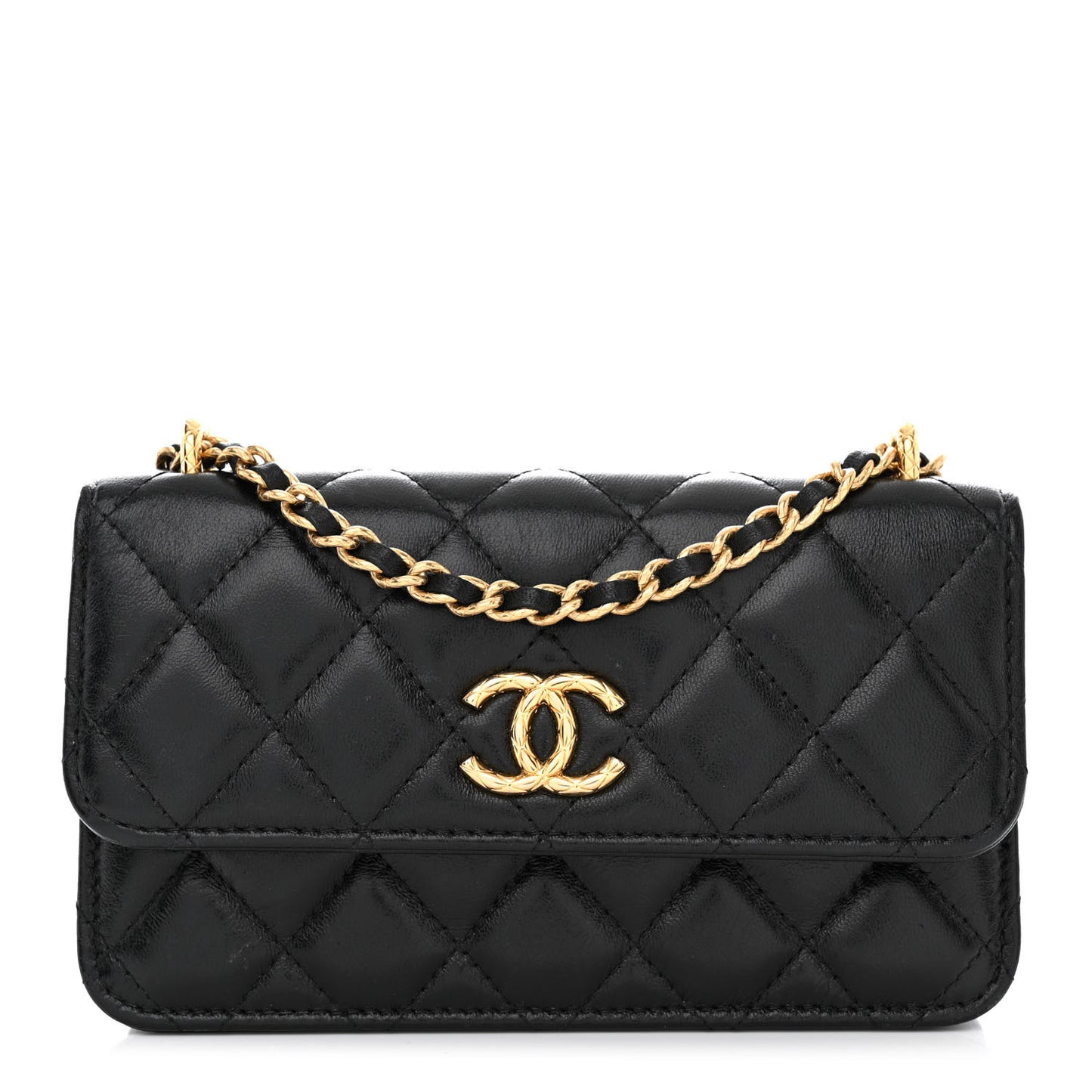 Lambskin Quilted Dynasty Flap Phone Holder With Chain Black