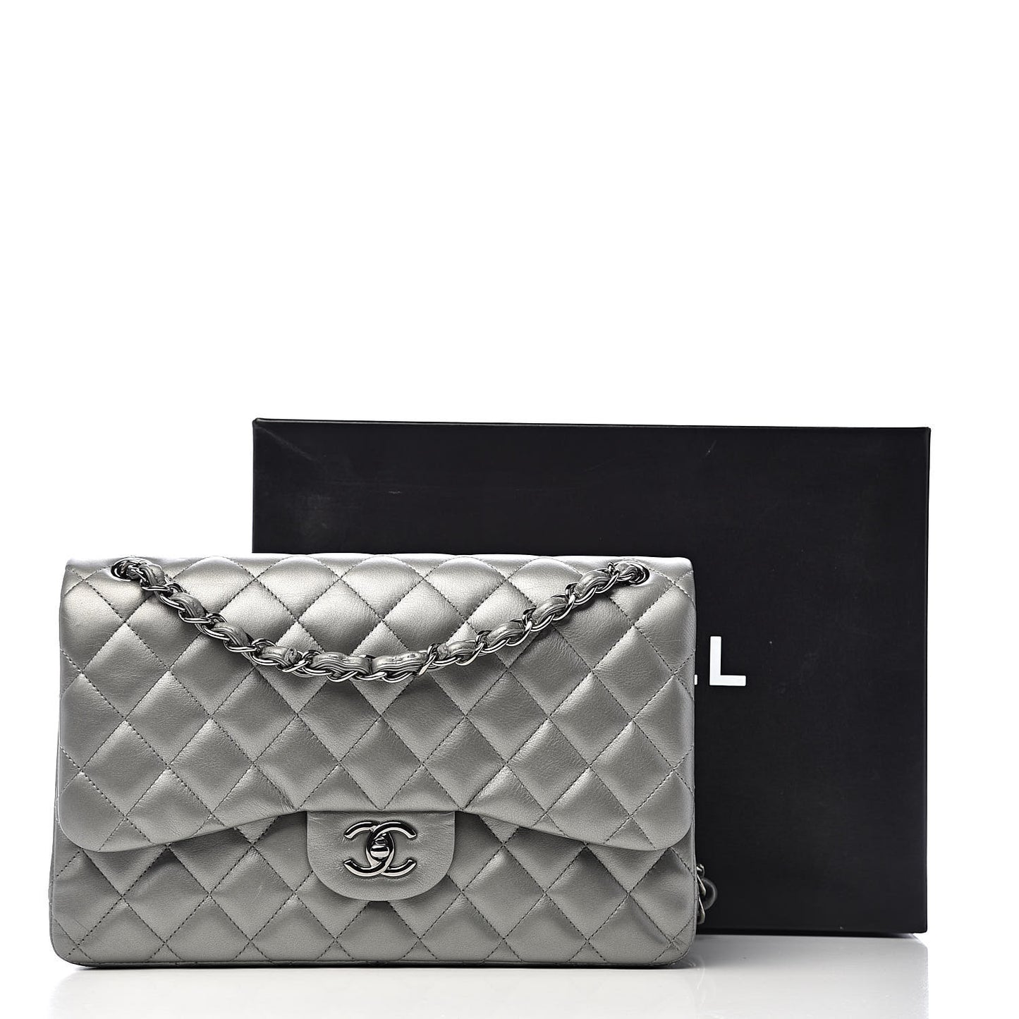Metallic Calfskin Quilted Jumbo Double Flap Silver