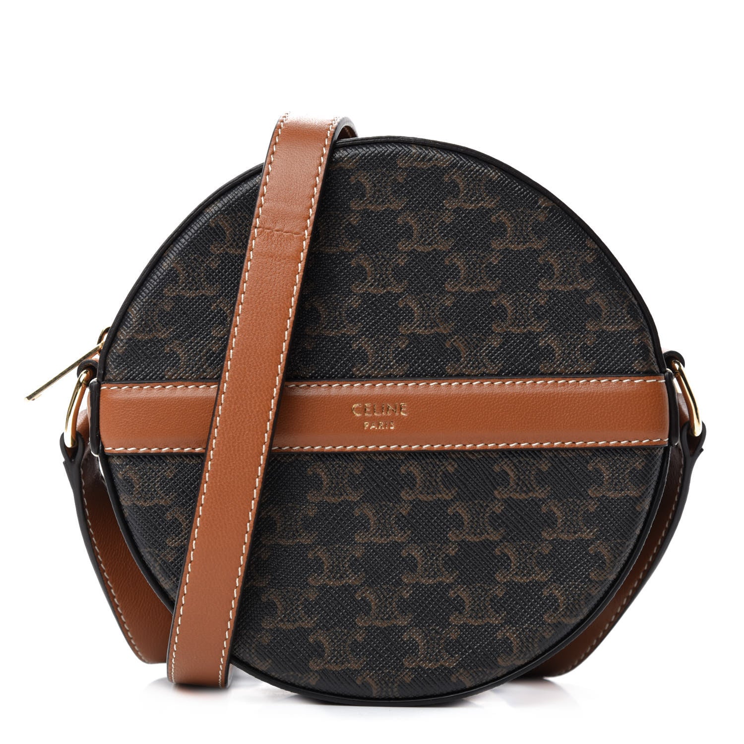 Celine Lambskin Triomphe Canvas Round Purse On Strap Black Tan 1 of 10