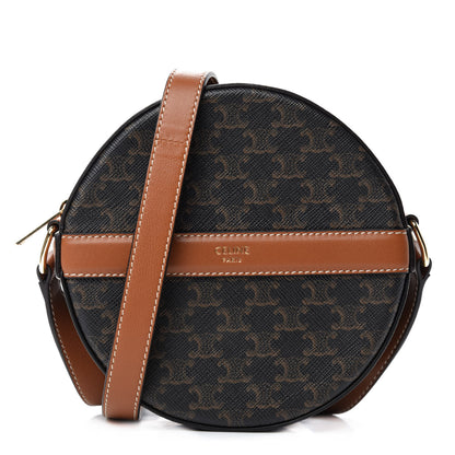 Celine Lambskin Triomphe Canvas Round Purse On Strap Black Tan 1 of 10