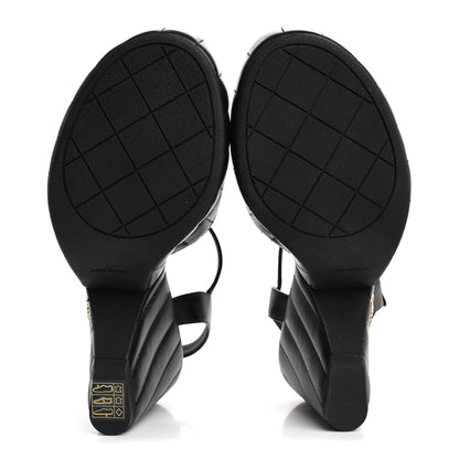 Chanel Lambskin Quilted Peep Toe Wedge Sandals 40 Black 6 of 12