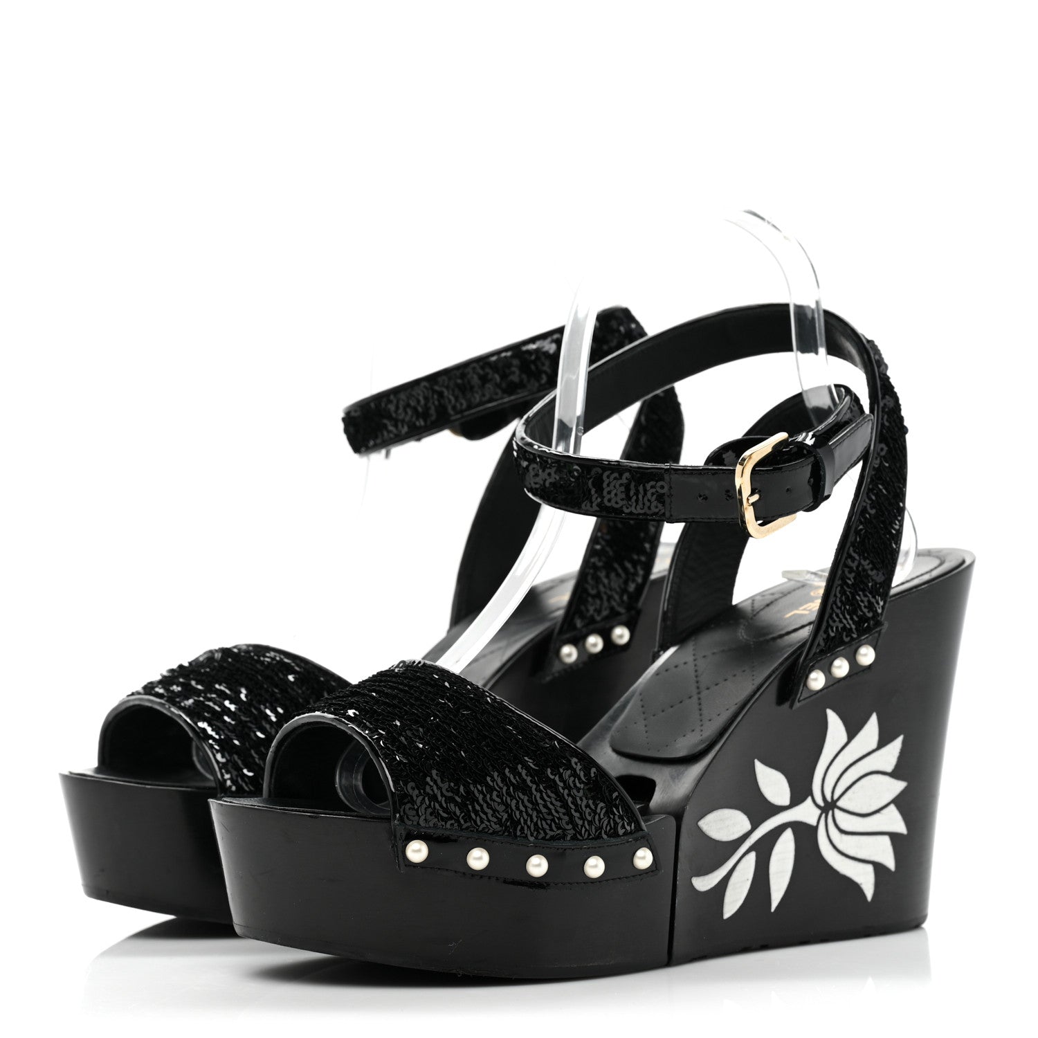 Chanel Sequin Wedge Sandals 40.5 Black 3 of 11