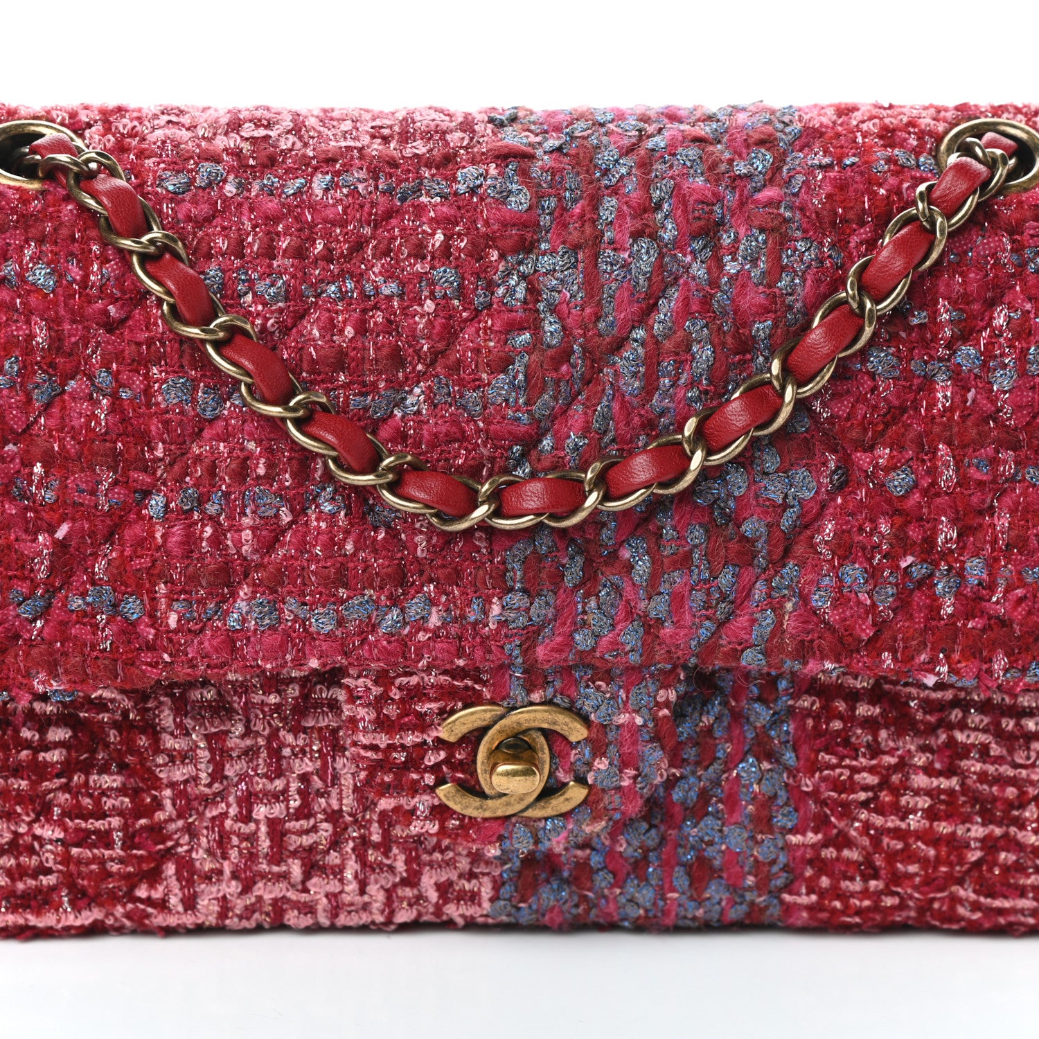 Chanel Tweed Quilted Medium Double Flap Raspberry Blue Pink 8 of 10