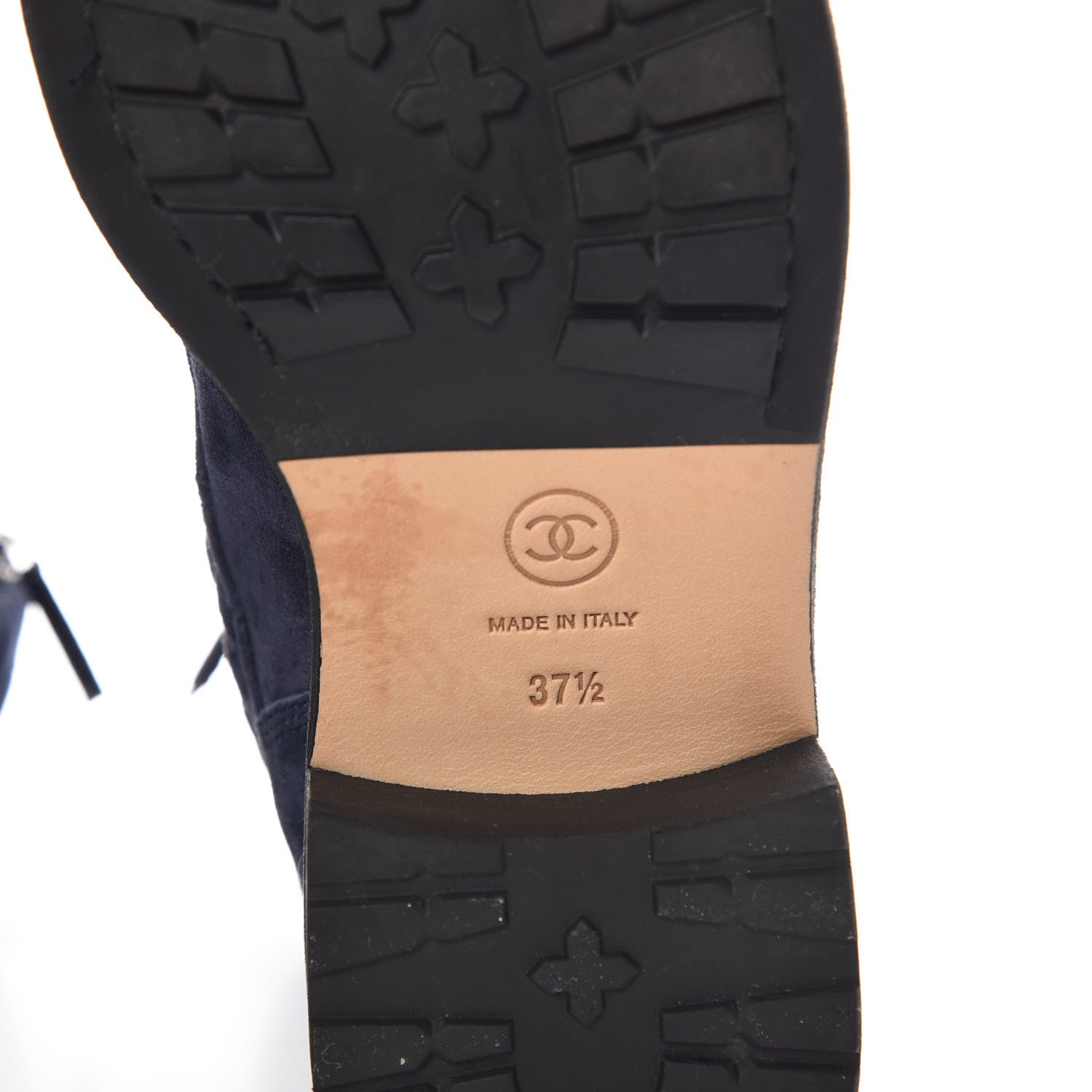 Chanel Suede Calfskin Quilted Lace Up Boots 37.5 Navy 6 of 9