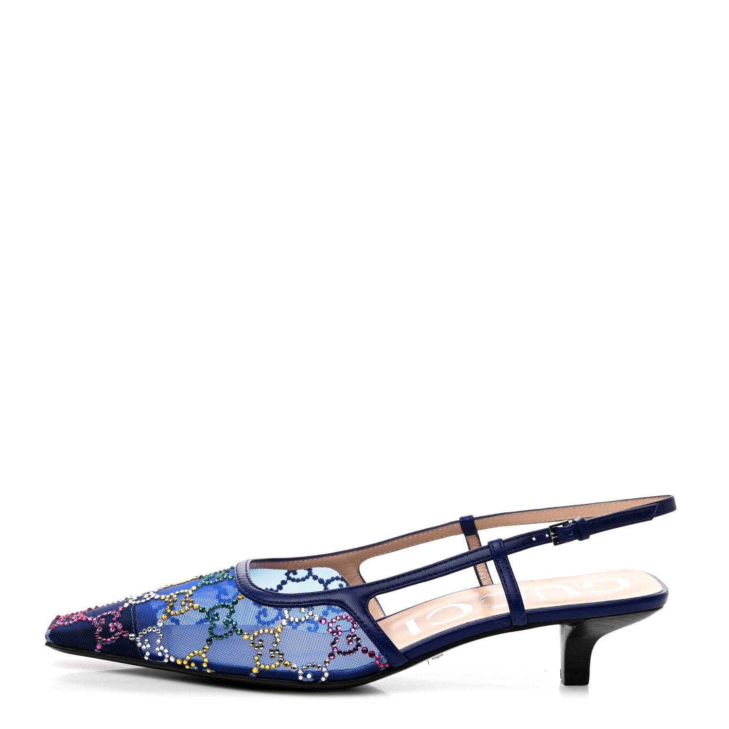 Gucci Tela Retino Nappa Charlotte Crystal GG Monogram Square G 35mm Slingback Pumps 38 Splash Net Blue Witch 1 of 8