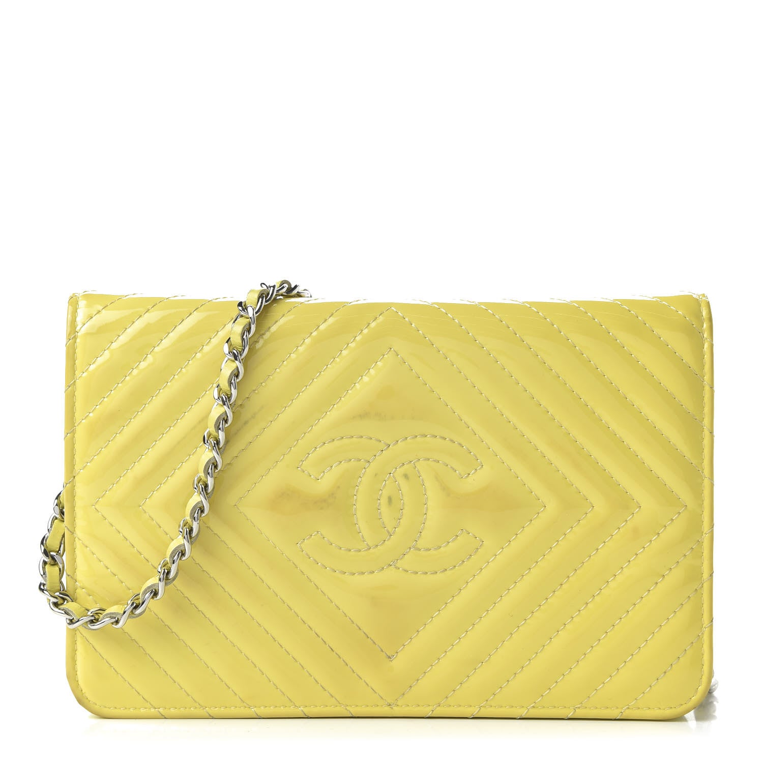 Chanel Patent Quilted Chevron Diamond CC Wallet On Chain WOC 1 of 13