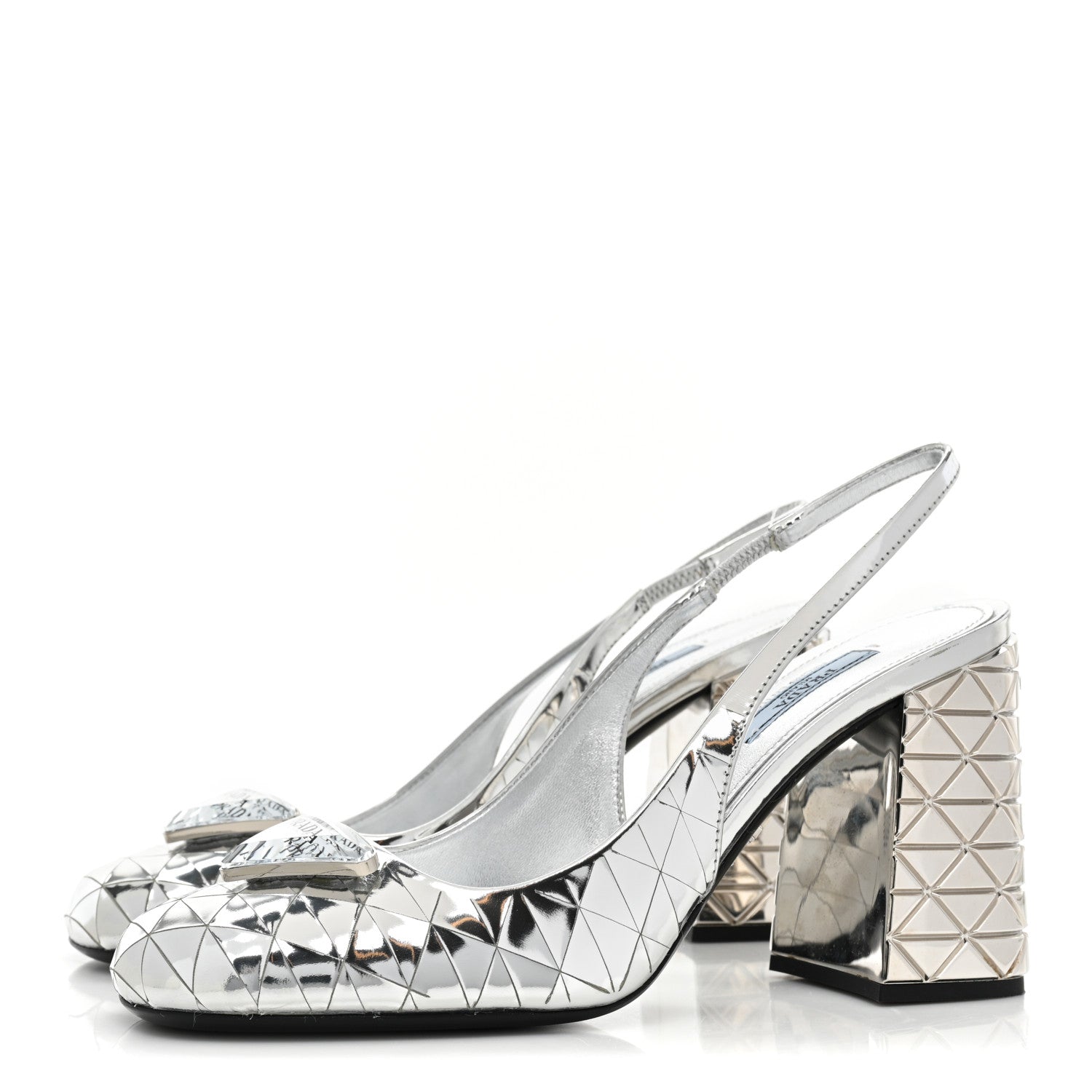 Prada Spazzolato Triangle Logo Slingback 90mm Pumps 38 Argento 3 of 9