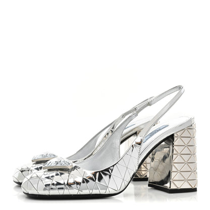 Prada Spazzolato Triangle Logo Slingback 90mm Pumps 38 Argento 3 of 9