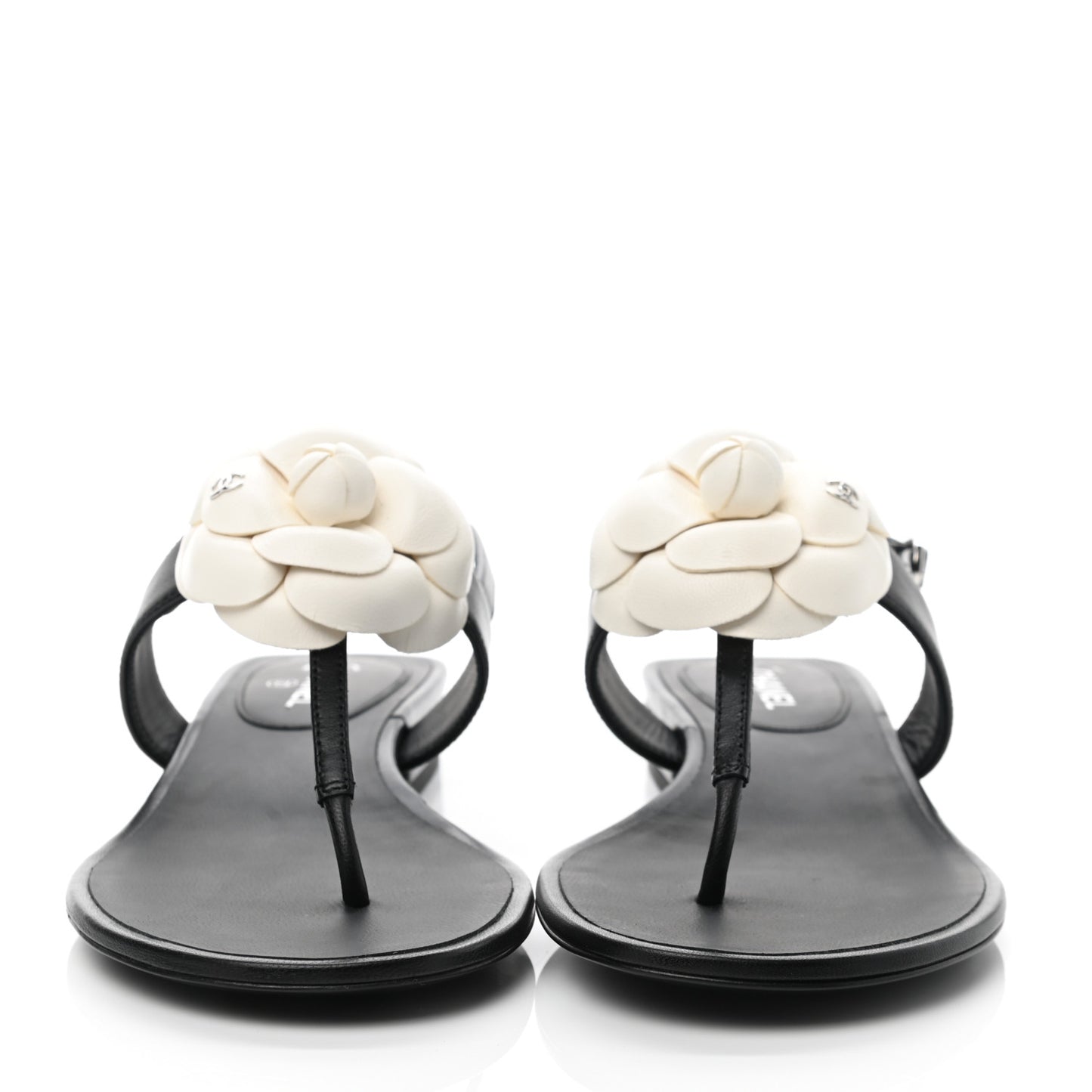 Lambskin Camellia Thong Sandals 35 Black White