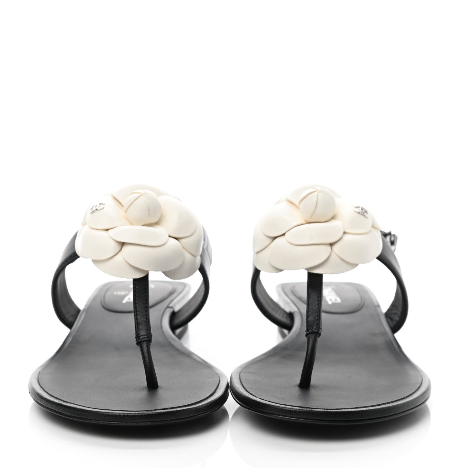 Chanel Lambskin Camellia Thong Sandals 35 Black White 2 of 9