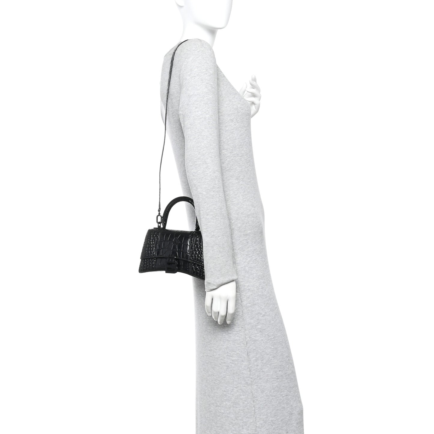 Shiny Calfskin Monochrome Crocodile Embossed Hourglass Top Handle Bag XS Black