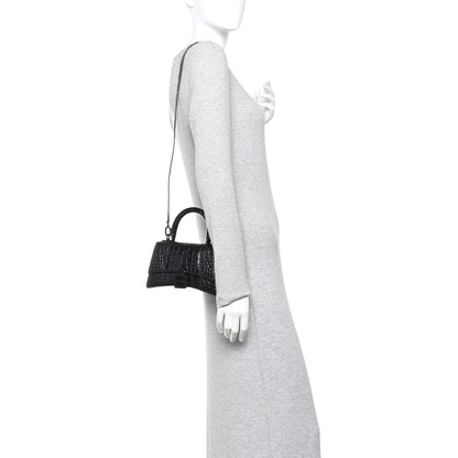Balenciaga Shiny Calfskin Monochrome Crocodile Embossed Hourglass Top Handle Bag XS Black 2 of 9