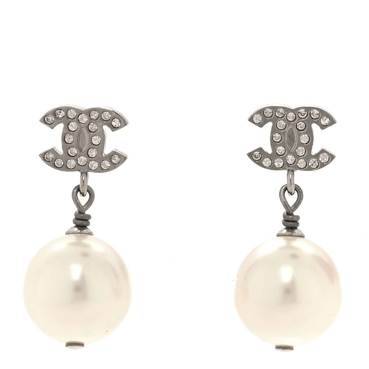 Chanel Crystal Pearl CC Drop Earrings Silver Pearly White 1 of 5