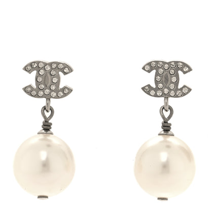 Chanel Crystal Pearl CC Drop Earrings Silver Pearly White 1 of 5